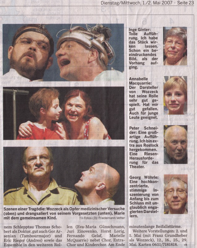 Trierischer Volksfreund 01.05.2007 Wozzeck, Trierischer Volksfreund 01.05.2007